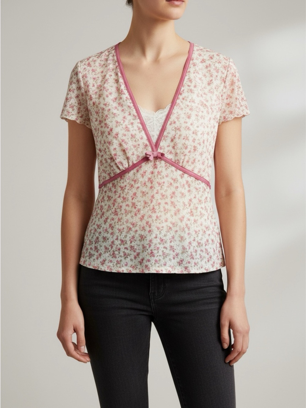 Tilly's Pink Floral V-Neck Short Sleeve Top